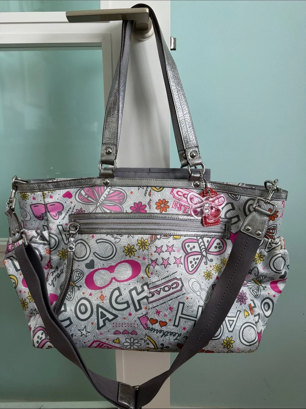 Coach Silver and Pink Graphic Butterfly Diaper Bag Y2K Vintage